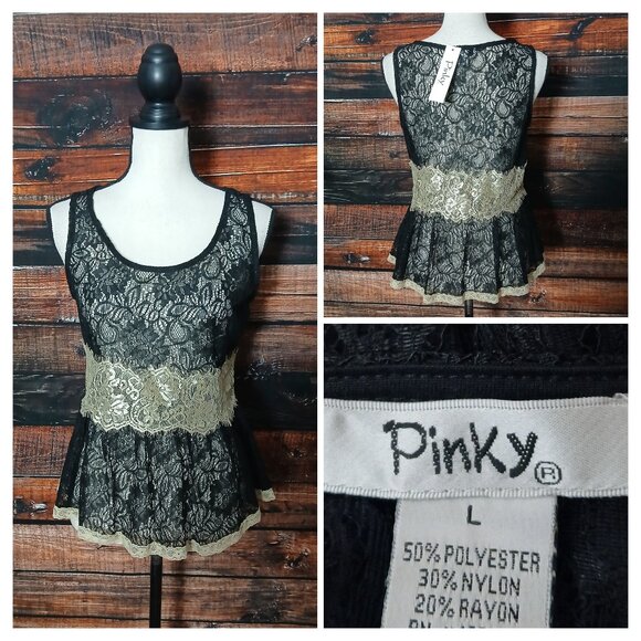 NWT Pinky Lace Top L Sheer Black Gold Peplum Side Zip - Picture 1 of 10